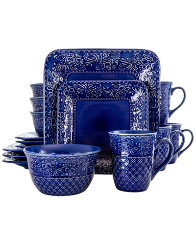 Elama Indigo Lotus 16 Piece Square Dinnerware Set In Blue