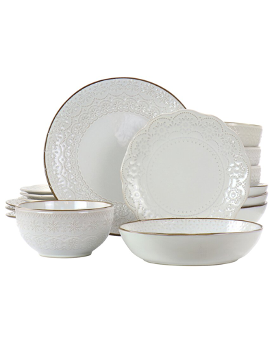 ELAMA ELAMA COUNTESS 16PC EMBOSSED DOUBLE BOWL STONEWARE DINNERWARE SET