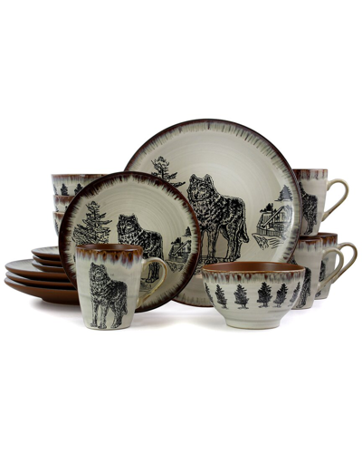 ELAMA ELAMA MAJESTIC WOLF 16PC 3-TIER STONEWARE DINNERWARE SET