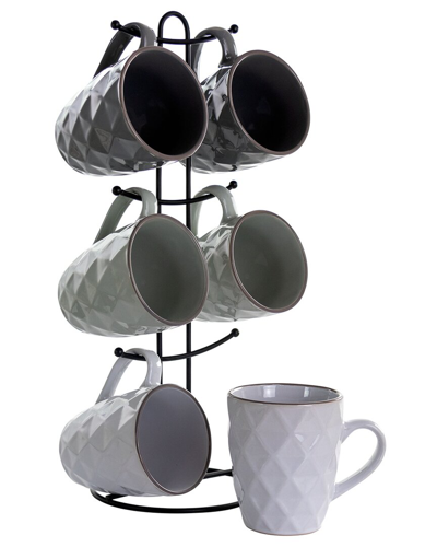 Elama Diamond Waves Mug Set With Stand, 6 Pieces In Assorted