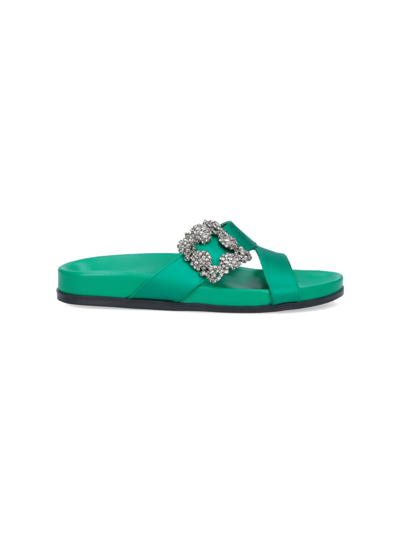 Manolo Blahnik Chilanghi Crystal Buckle Slide Sandals In Green