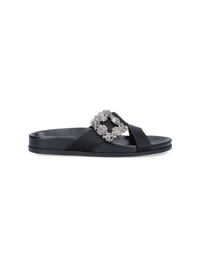 Manolo Blahnik Chilanghi Crystal Buckle Slide Sandals In Black