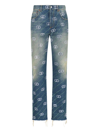 Gucci Straight-leg Frayed Crystal-embellished Jeans In Blue