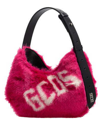 Gcds Small Comma Faux Fur Logo Shoulder Bag In Fuchsia