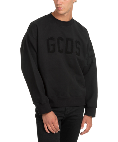 Gcds Flocked-logo Cotton Sweatshirt In Black