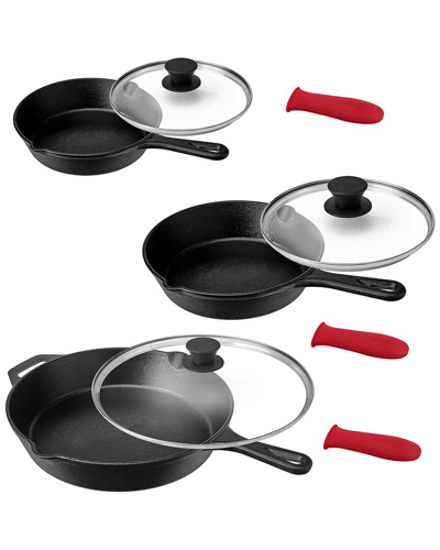 Megachef Pre-seasoned 9pc Cast Iron Skillet Set With Silicone Holders