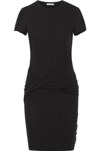 James Perse Twist-front Ruched Stretch Cotton-jersey Mini Dress In Black