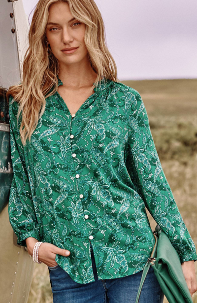 Jjill J.jill Ruffled Satin Top In Verdant Green Stunning Paisley