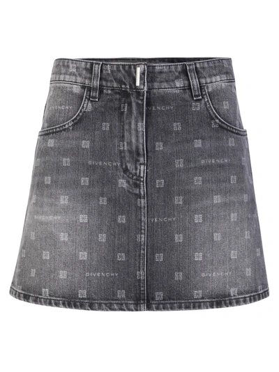 Givenchy Denim Skirt With Iconic 4g All-over Pattern In Black
