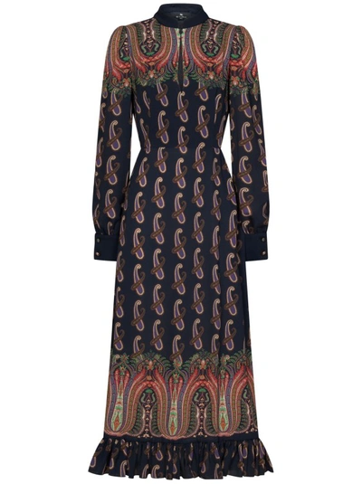 Etro Paisley Midi Dress In Navy Blue