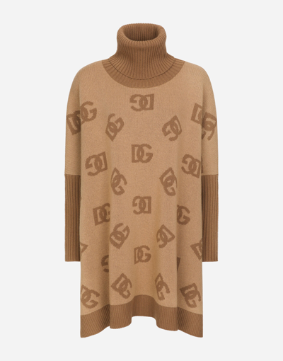 Dolce & Gabbana Short Wool Turtle-neck Poncho With Dg Inlay In Multicolor