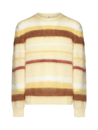Etro Mens Beige Crewneck Striped-pattern Wool-blend Jumper In Cream