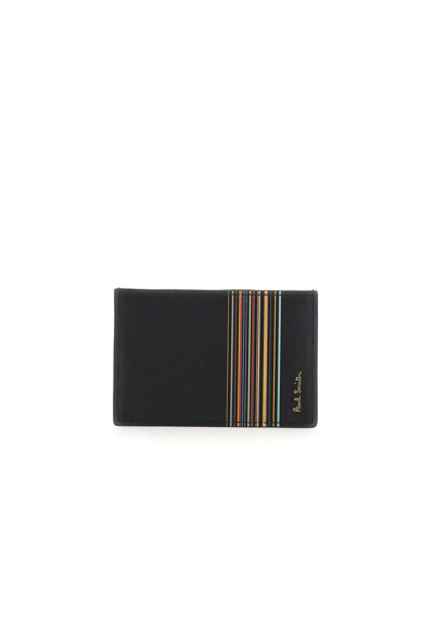 Paul Smith Signature Stripe Block Leather Card Holder In Black