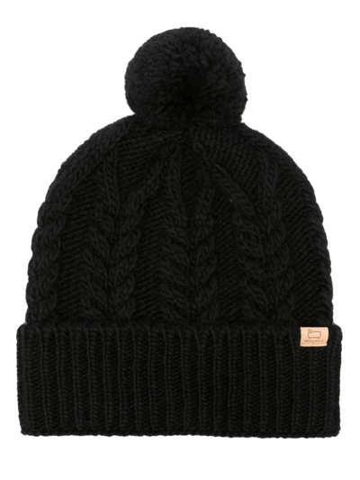 Woolrich Wool Cable Pom Pom Beanie In Black