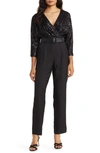 Eliza J Sequin Bodice Mixed Media Jumpsuit In Black