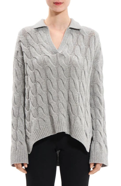 Theory Karenia Wool-cashmere Collared Cable-knit Sweater In Light Heather Grey