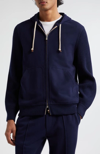 Brunello Cucinelli Zip-up Cotton-blend Hoodie In Blue