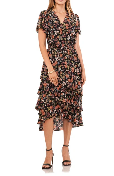 Vince Camuto Floral Tiered Dress In Black