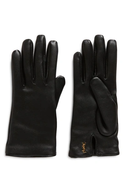 Saint Laurent Ysl Vintage-style Slit Gloves In 1080 Black Gold