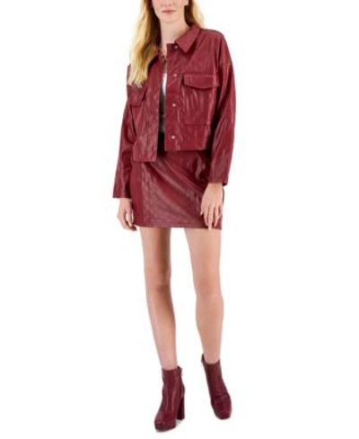 Tinseltown Juniors Quilted Faux Leather Cropped Shacket Quilted Faux Leather Mini Skirt In Pomegranate