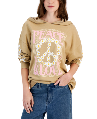 Rebellious One Juniors' Peace & Love Graphic-print Hoodie In Tavertine