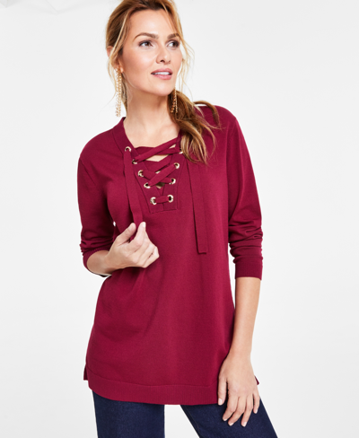 Inc International Concepts Plus Size Lace-up Tunic Sweater, Created For Macy's In Plum Tart