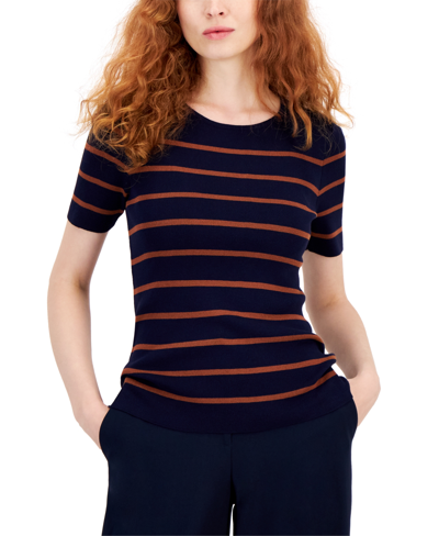 Tahari Asl Women's Striped Round-neck Short-sleeve Sweater Top In Black