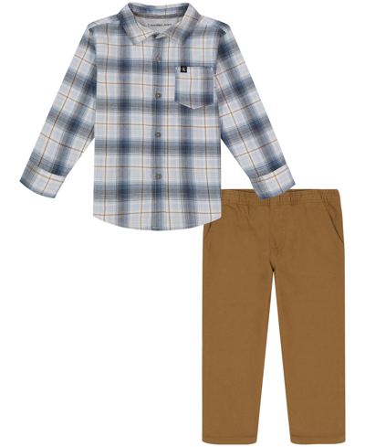 Calvin Klein Kids' Toddler Boys Plaid Long Sleeve Button Front Shirt And Prewashed Twill Pants, 2 Piece Set In Blue