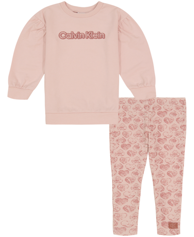 Calvin Klein Babies' Toddler Girls French Terry Puff Sleeve Logo Tunic And Waffle-knit Print Leggings, 2 Piece Set In Rose