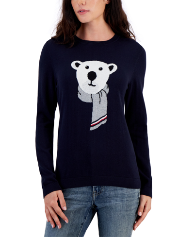 Tommy Hilfiger Women's Cotton Polar Bear Knit Pullover Sweater In Black Multi