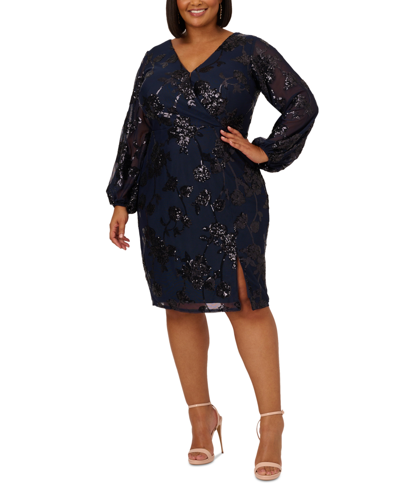 Adrianna Papell Plus Size Floral-sequined Sheath Dress In Midnight