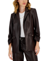 T TAHARI WOMEN'S FAUX LEATHER RUCHED SLEEVE BLAZER