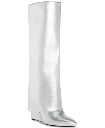 Madden Girl Evander Wide-calf Cuffed Wedge Dress Boots In Silver