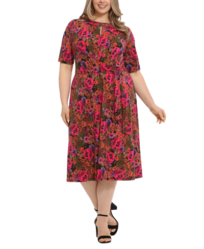London Times Plus Size Floral-print Fit & Flare Dress In Fush Multi