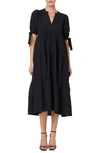 English Factory Women's Gingham Tiered Midi Dress With Bow Tie Sleeves In Black