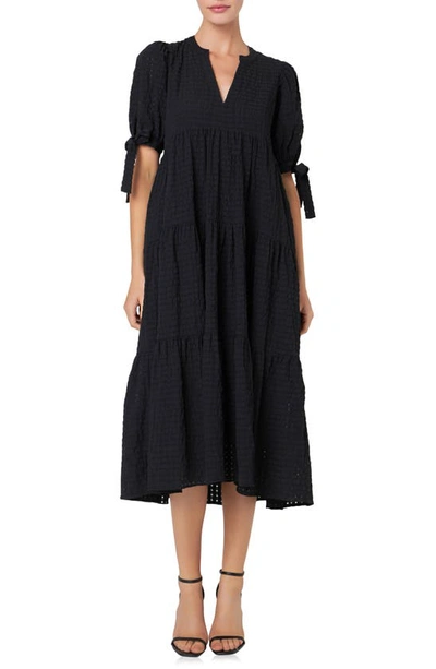 English Factory Women's Gingham Tiered Midi Dress With Bow Tie Sleeves In Black