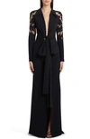 ETRO CUTOUT LONG SLEEVE TULLE & CREPE TIE FRONT GOWN