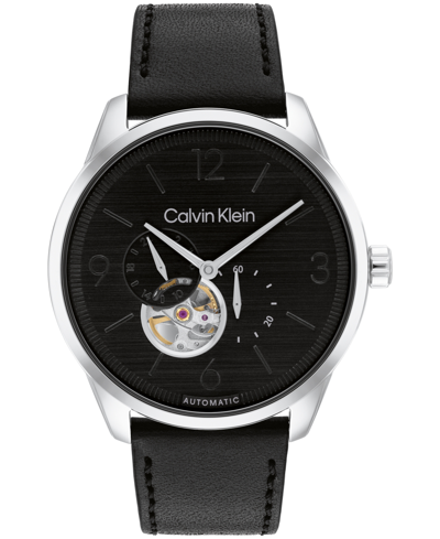 Calvin Klein Men's Automatic Black Leather Strap Watch 44mm In Black / Black