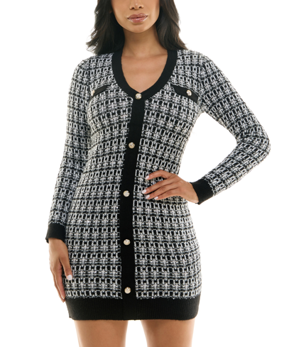 Bcx Juniors' Chunky V-neck Button-front Knit Sweater Dress In Black