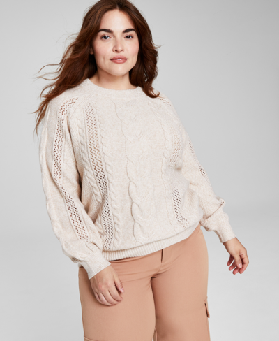 And Now This Trendy Plus Size Mixed-knit Crewneck Sweater In Almond