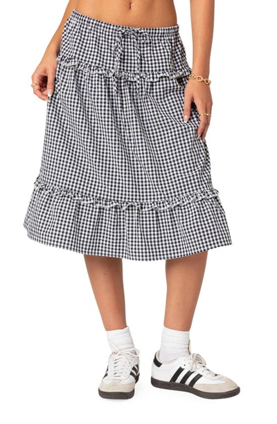 Edikted Gingham Tiered Ruffle Midi Skirt In Black-and-white