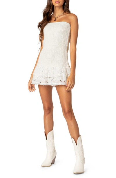 Edikted Women's Livia Lacey Cotton Scrunch Mini Dress In White