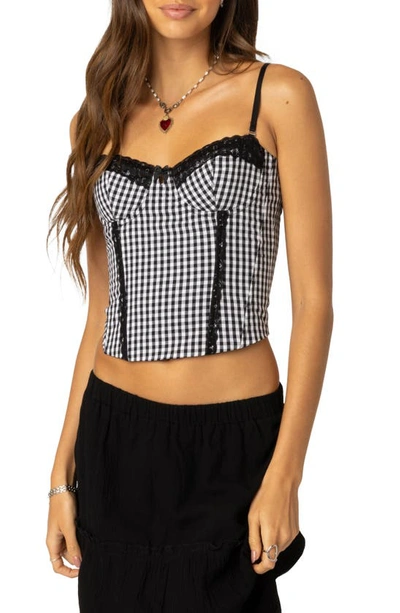 Edikted Gingham Lace-up Back Corset Top In Black-and-white
