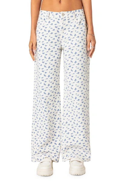 Edikted Lilyana Floral Print Low Rise Jeans In White-and-blue