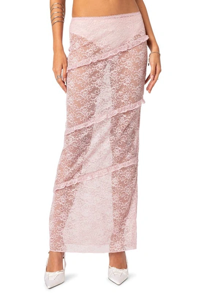 Edikted Myra Sheer Lace Ruffle Maxi Skirt In Light-pink