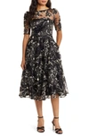 ELIZA J SEQUIN FLORAL EMBROIDERY FIT & FLARE COCKTAIL MIDI DRESS
