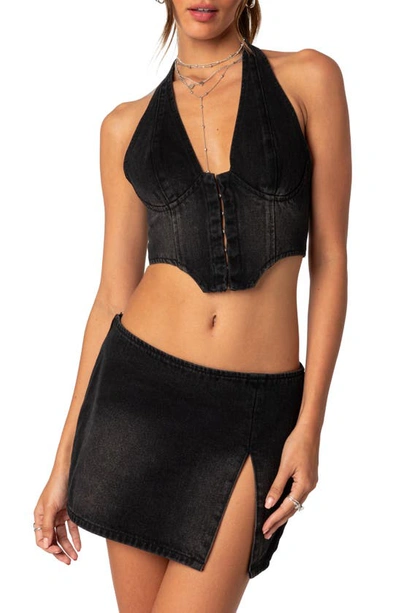 Edikted Katrina Lace-up Denim Corset Halter Top In Black-washed