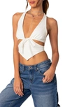 Edikted Cady Tie Front Halter Neck Stretch Cotton Top In White
