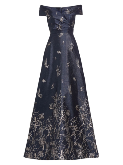 Teri Jon By Rickie Freeman Women's Jacquard Fluted Gown In Navy Gold