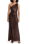 Eliza J Women's Sequined One-shoulder Side-twist Gown In Chocolate